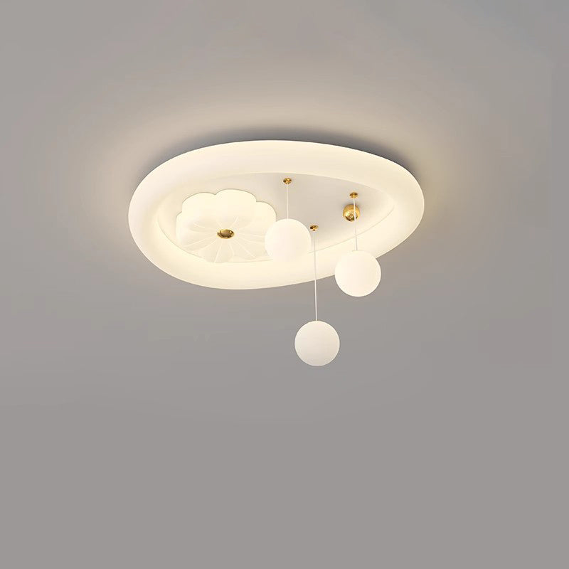 Modern Art Deco Oval Cream Bubble Flower Moon PE Iron LED Flush Mount Ceiling Light For Living Room