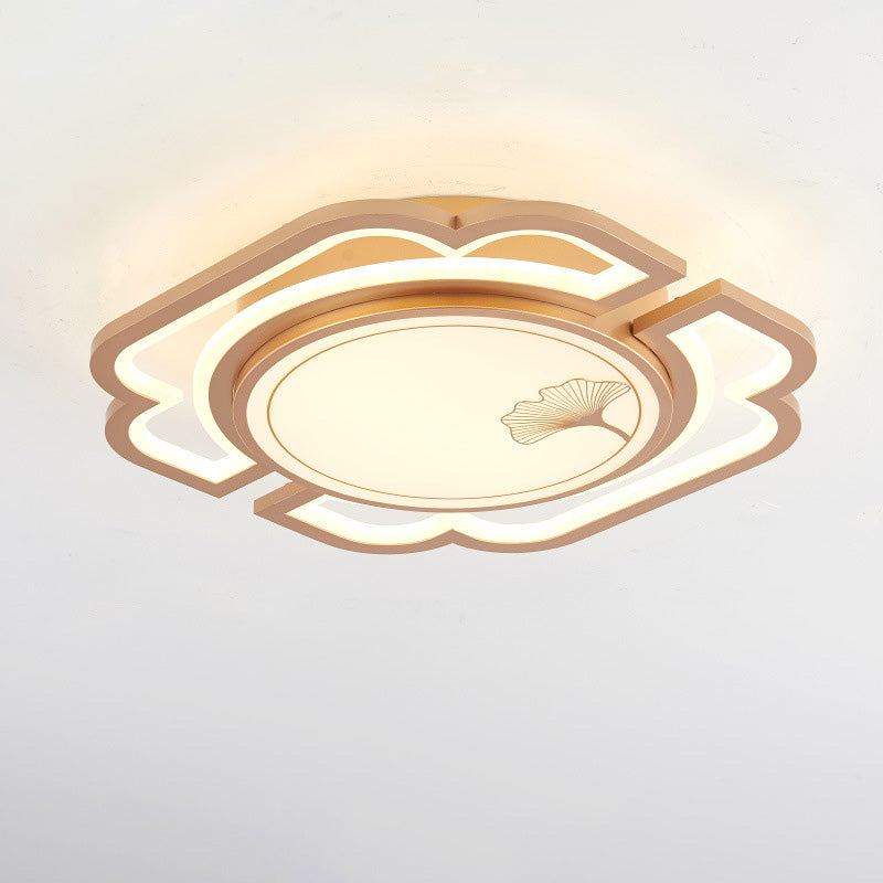 Traditioanl Chinese Iron Aluminum Acrylic Round Rectangular Square Ginkgo Leaf LED Semi-Flush Mount Ceiling Light For Living Room