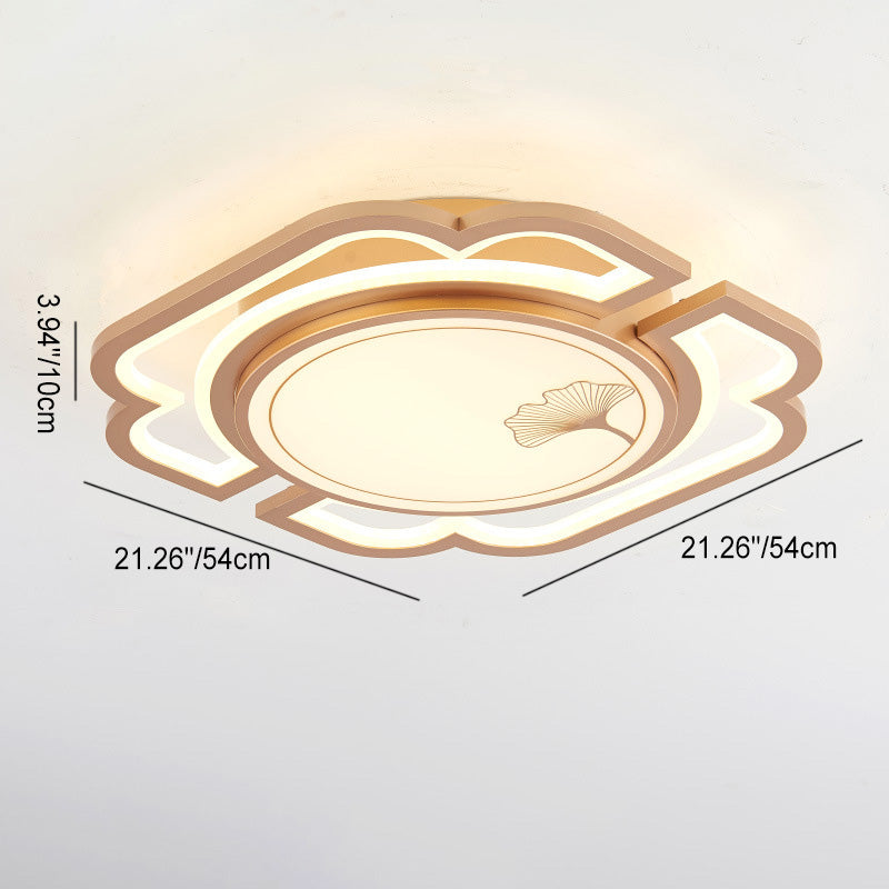 Traditioanl Chinese Iron Aluminum Acrylic Round Rectangular Square Ginkgo Leaf LED Semi-Flush Mount Ceiling Light For Living Room