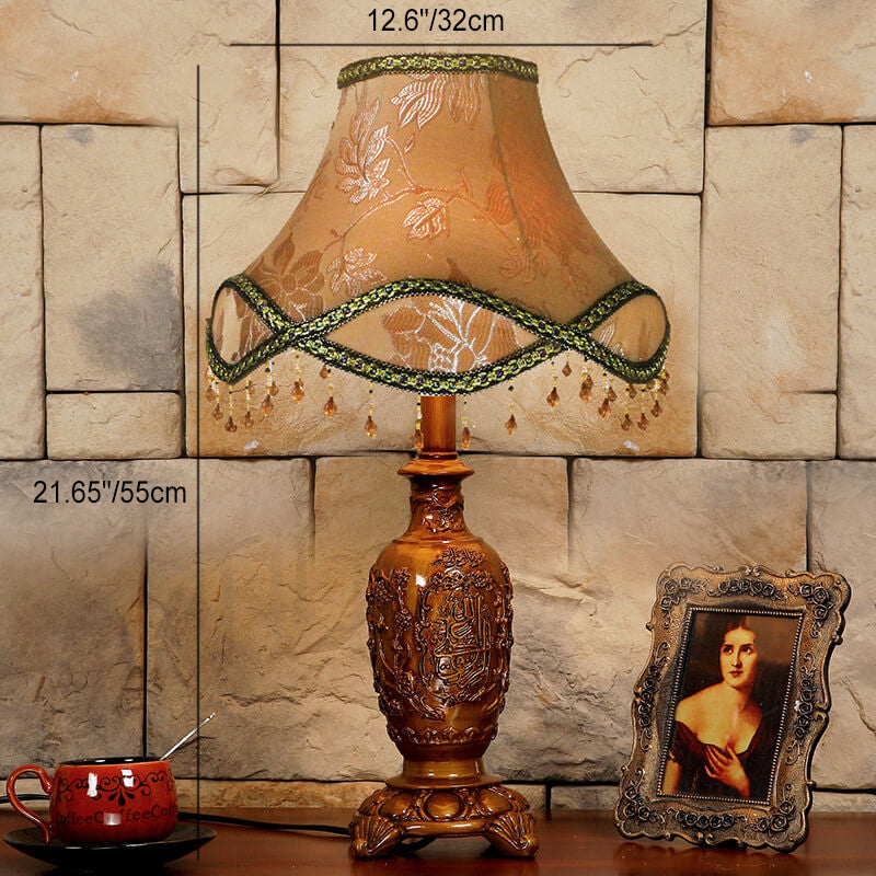 Traditional European Vintage Floral Texture Fabric Pleated Resin Base 1-Light Table Lamp For Home Office