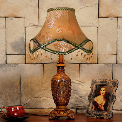 Traditional European Vintage Floral Texture Fabric Pleated Resin Base 1-Light Table Lamp For Home Office
