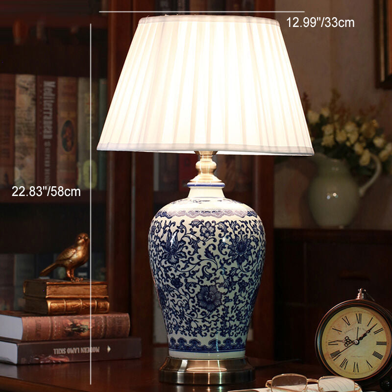 Traditional Chinese Ceramic Vase Cone Fabric 1-Light Table Lamp For Home Office