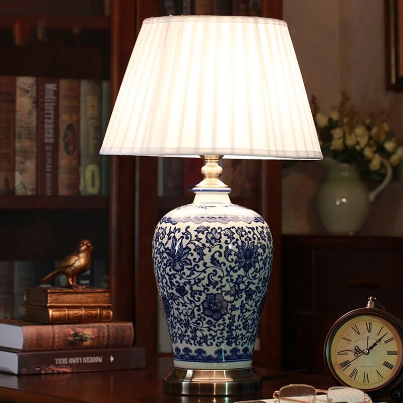 Traditional Chinese Ceramic Vase Cone Fabric 1-Light Table Lamp For Home Office