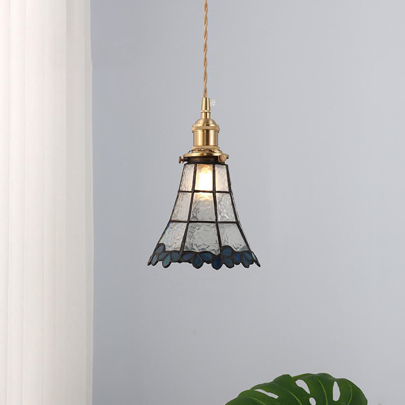 Japanese Vintage Brass Stained Glass Cone 1-Light Pendant Light