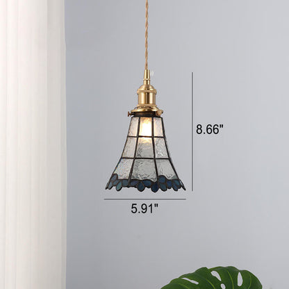 Japanese Vintage Brass Stained Glass Cone 1-Light Pendant Light