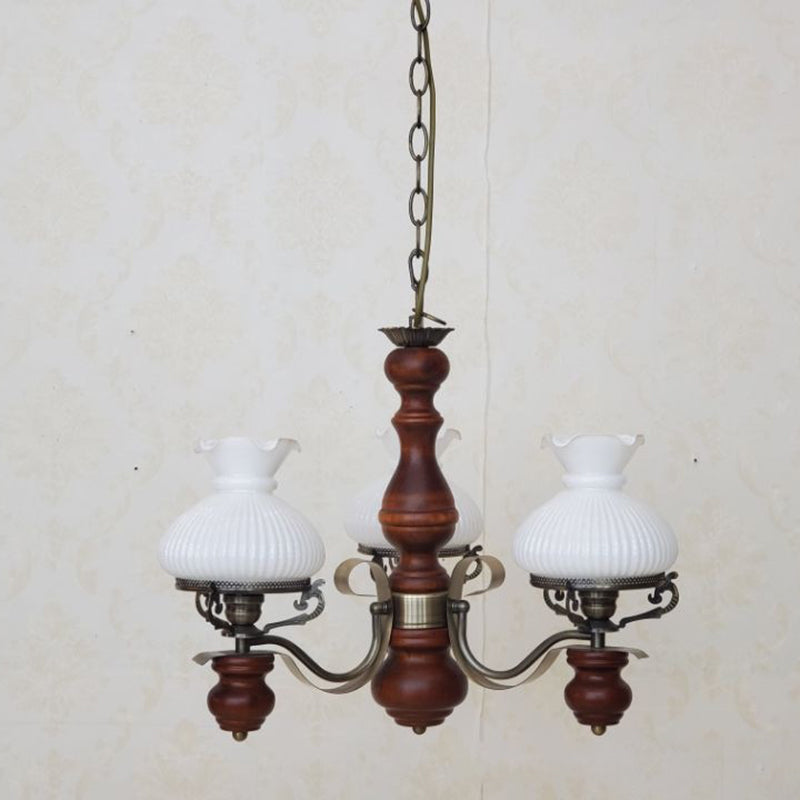 Traditional Rustic Candelabra Round Flower Iron Solid Wood 3-Light Chandelier For Living Room
