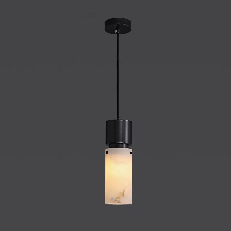 Traditional Chinese Copper Marble Cylinder 1-Light Pendant Light For Bedside