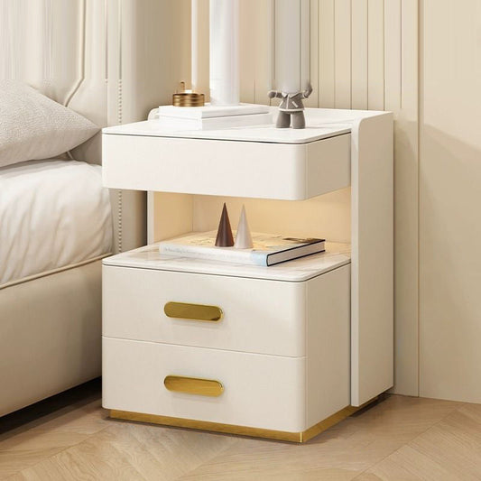 Contemporary Luxury Rectangular Rock Slab Solid Wood Microfiber Leather Nightstand 2-Drawer For Bedroom