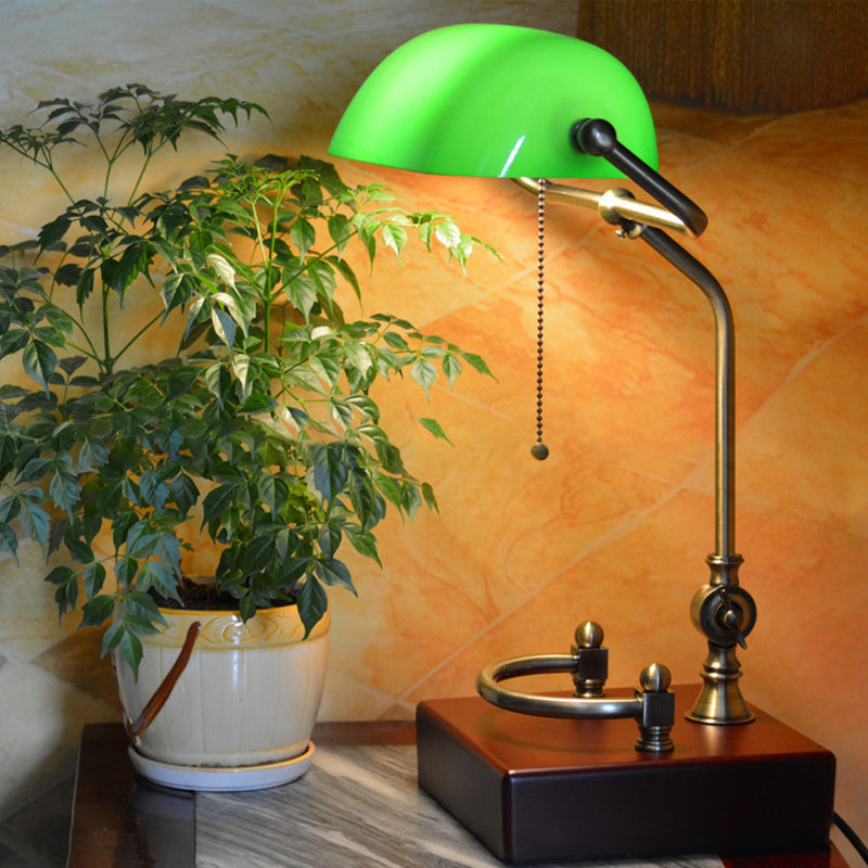 Traditional Vintage Square Green Shade Glass Solid Wood Iron 1-Light Table Lamp For Living Room