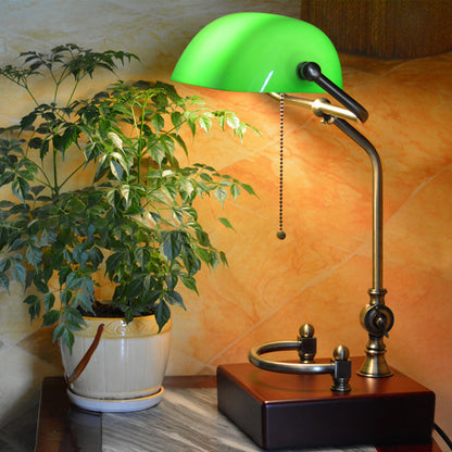 Traditional Vintage Square Green Shade Glass Solid Wood Iron 1-Light Table Lamp For Living Room
