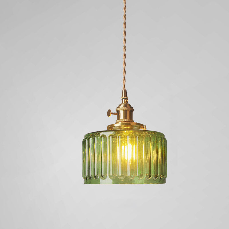 Traditional Vintage Antique Brass Ribbed Glass Cylinder Shade 1-Light Pendant Light For Living Room