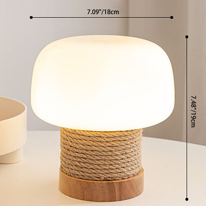 Modern Minimalist Cylinder Mushroom Shape Oak Twine Glass 1-Light Table Lamp For Bedroom