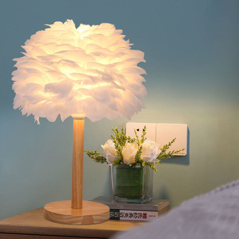 Modern Creative Feather Decorative Solid Wood 1-Light Table Lamp