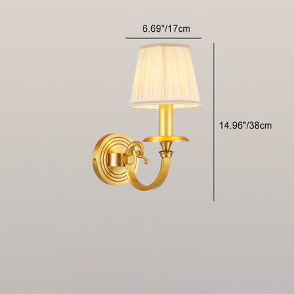 Modern Luxury Full Copper Frame Pleated Fabric Shade 1/2-Light Wall Sconce Lamp For Living Room