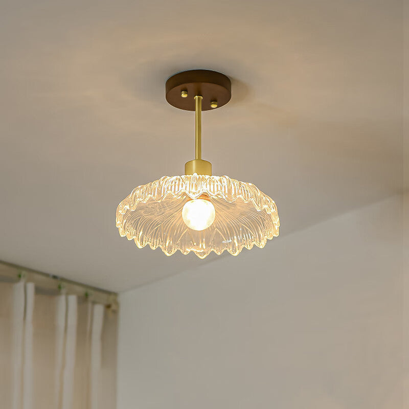 Contemporary Luxury Flower Copper Glass 1-Light Semi-Flush Mount Ceiling Light For Hallway