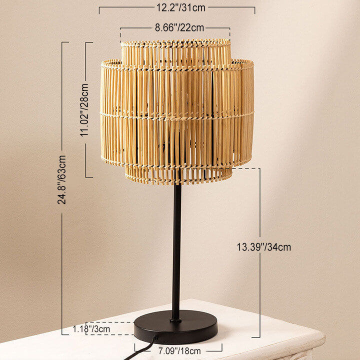 Traditional Vintage Rattan Weaving Cylinder 1-Light Table Lamp For Home Office