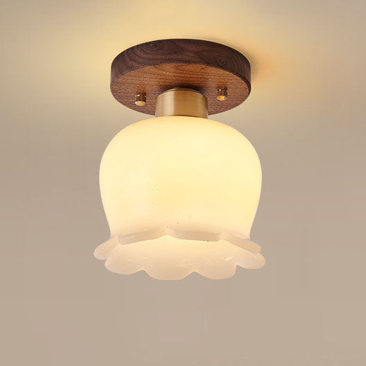 Modern Minimalist Bellflower Walnut Resin 1-Light Semi-Flush Mount Ceiling Light