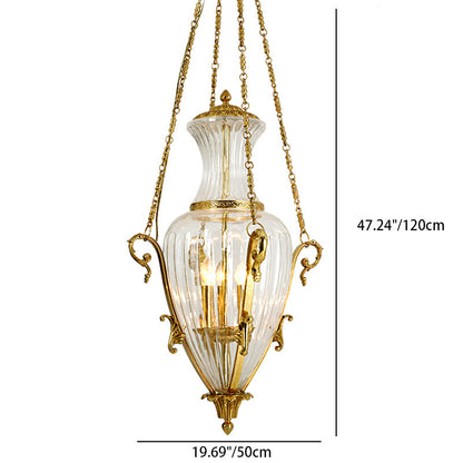 Contemporary Luxury Engraved Full Copper Glass Tapered Shade 4-Light Chandelier For Living Room