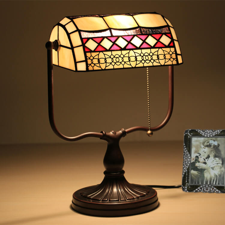 Traditional Tiffany Geometric Stained Glass Bank Pull Cord 1-Light Table Lamp For Home Office