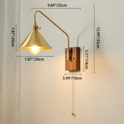 Contemporary Retro Brass Walnut Conic 1-Light Wall Sconce Lamp For Bedside