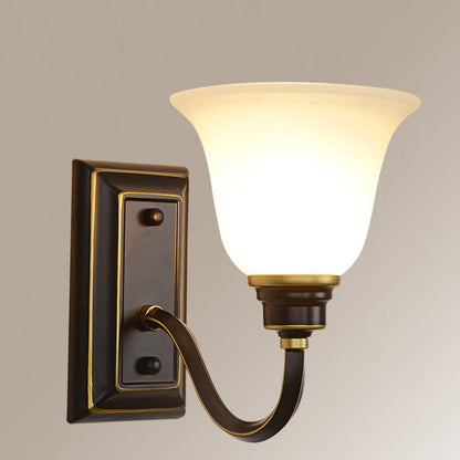 Traditional Rustic Floral Glass Shade Iron 1-Light Wall Sconce Lamp For Bedroom