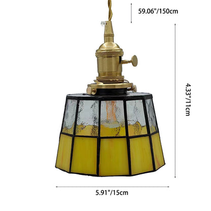 Traditional Vintage Brass Glass Cylinder Quadripartite Horn Lattice 1-Light Pendant Light For Dining Room