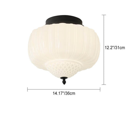 Modern Minimalist Cream Lantern Iron Glass 3-Light Semi-Flush Mount Ceiling Light For Bedroom