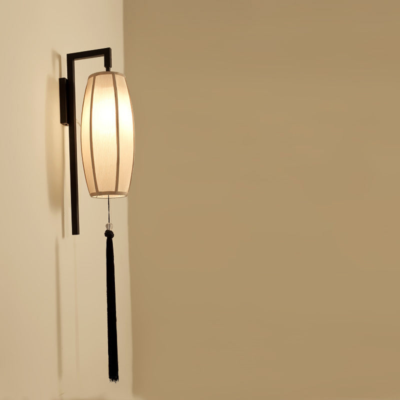 Chinese Vintage Painted Fabric Lantern Tassel 1-Light Wall Sconce Lamp