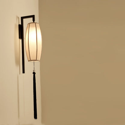 Chinese Vintage Painted Fabric Lantern Tassel 1-Light Wall Sconce Lamp