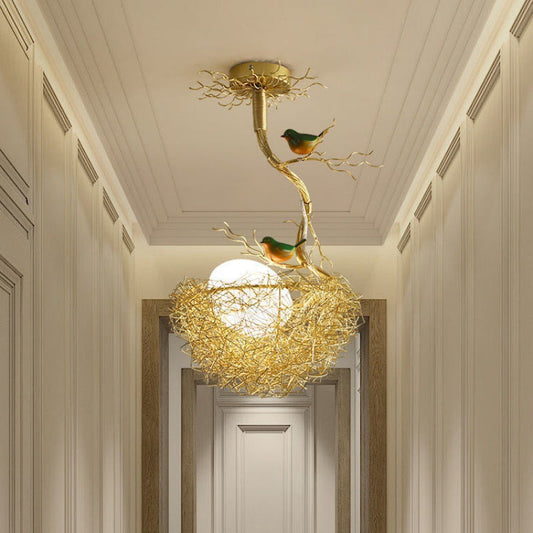 Modern Minimalist Bird's Nest Birdhouse Aluminum Glass 1-Light Chandelier For Living Room