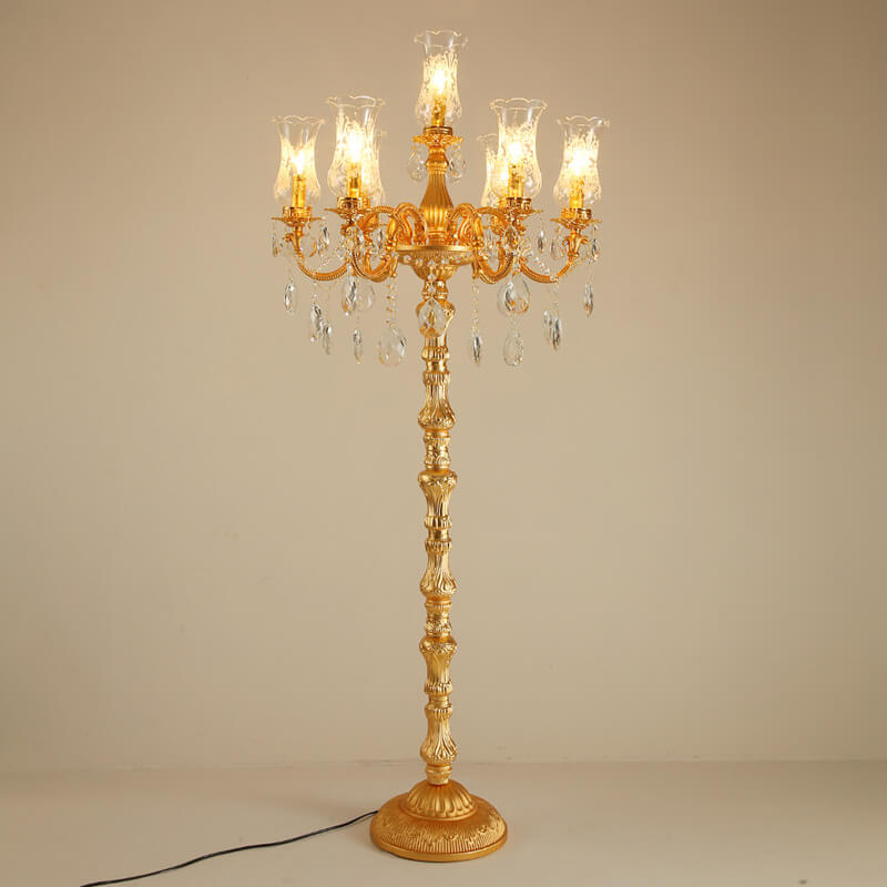 European Luxury Golden Crystal Zinc Alloy Candle Holder 7-Light Standing Floor Lamp
