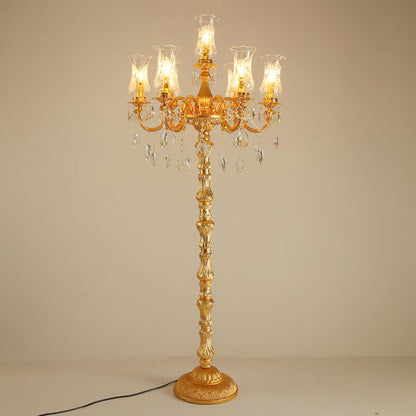 European Luxury Golden Crystal Zinc Alloy Candle Holder 7-Light Standing Floor Lamp