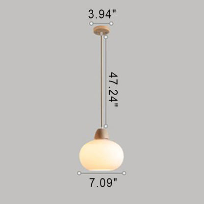 Japanese Vintage Milk White Round Glass Wood 1/3 Light Chandelier