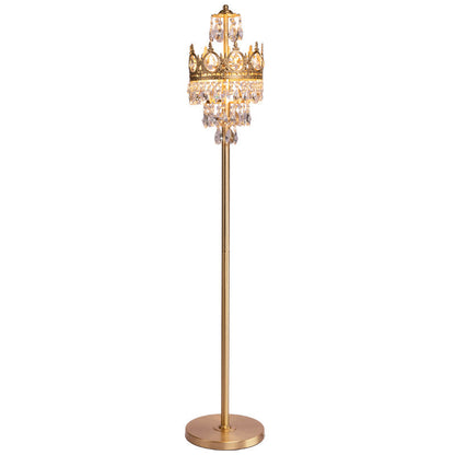 Traditional Luxury Copper Brass Crystal Crown Pendant 3-Light Standing Floor Lamp For Bedroom