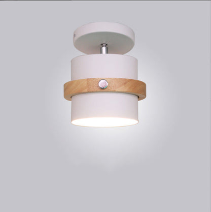 Contemporary Nordic Round Cylinder Iron Wood 1-Light Semi-Flush Mount Ceiling Light For Hallway