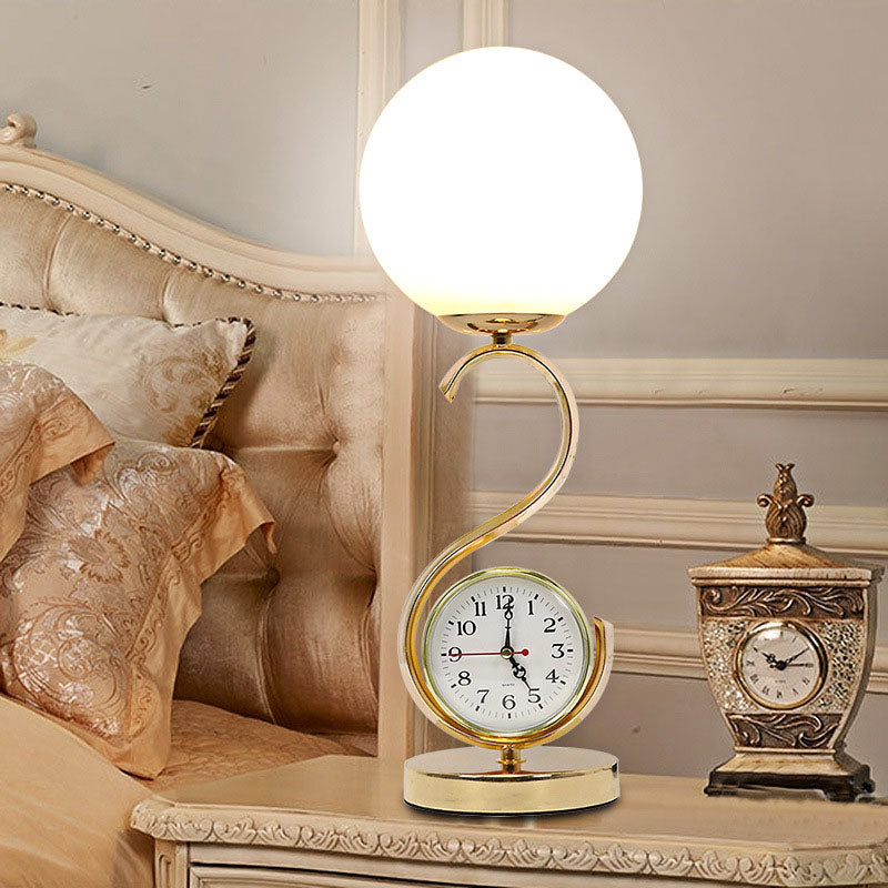 Contemporary Creative Orb Clock Iron Glass 1-Light Table Lamp For Bedroom