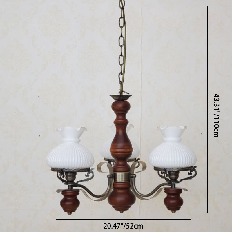 Traditional Rustic Candelabra Round Flower Iron Solid Wood 3-Light Chandelier For Living Room