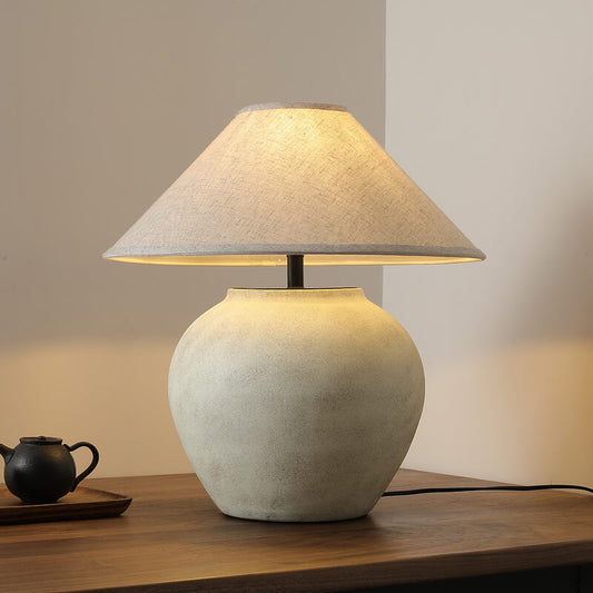 Wabi-sabi Modern Linen Fabric Cone Ceramic 1-Light Table Lamp
