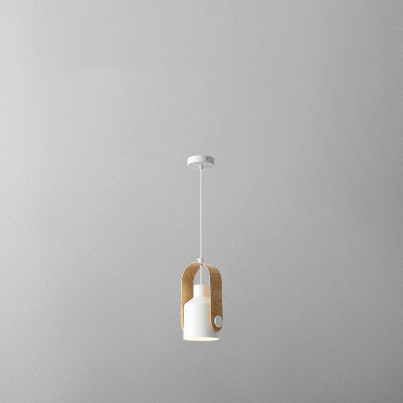 Contemporary Scandinavian Cylindrical Wooden Iron 1-Light Pendant Light For Bedroom