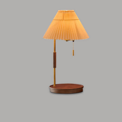 Modern Pleated Shade Walnut Wood Round Base 1-Light Table Lamp