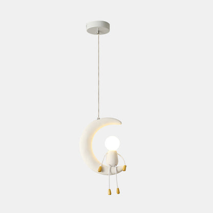 Contemporary Nordic Kids Iron Resin Glass Moon Doll 1-Light Pendant Light For Bedside