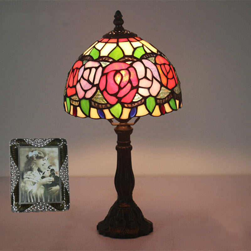 Retro Tiffany Flowering Rose Stained Glass 1-Light Table Lamp