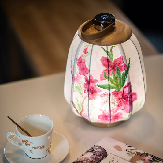 Traditional Chinese Leather Wood Stainless Steel Fabric Flower Bamboo Leaf Rechargeable LED Hanging Table Lamp For Bedside