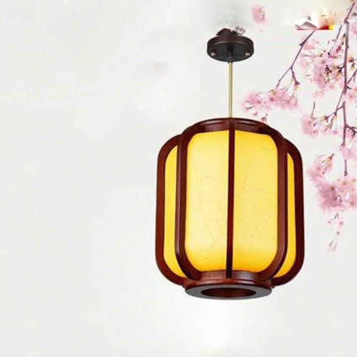Modern Chinese Faux Sheepskin Wooden Lantern 1-Light Pendant Light