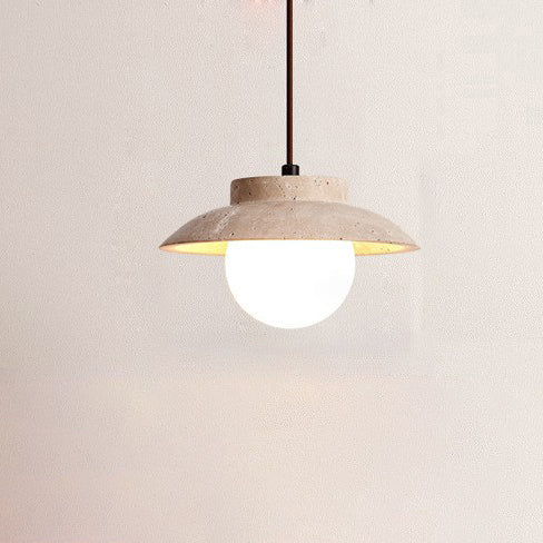 Traditional Vintage Bowl Shape Wood Natural Stone 1-Light Pendant Light For Bedroom