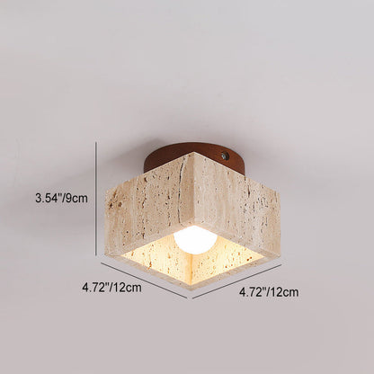 Japanese Wabi-Sabi Yellow Travertine Column Wood 1-Light Semi-Flush Mount Ceiling Light