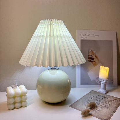 Modern Minimalist Round Fabric Pleated Ceramic 1-Light Table Lamp For Bedroom