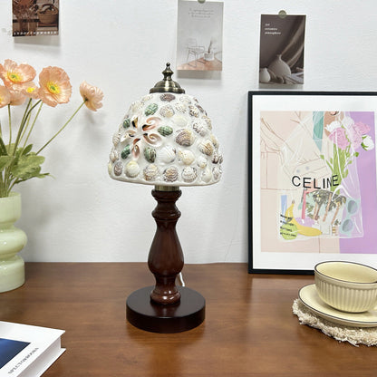 Traditional Vintage Wood Glass Hemispheroid Shell Lozenge 1-Light Table Lamp For Bedside
