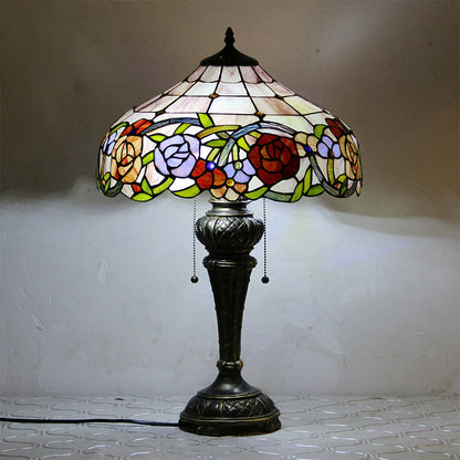 Traditional Tiffany Resin Glass Dome Hemispheric Flower 2-Light Table Lamp For Bedside