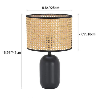 Traditional Japanese Round Cylinder Rattan Mesh Shade Metal 1-Light Table Lamp For Living Room